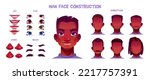 African american man face construction cartoon set isolated on white background. Vector illustration of different male character eyes, nose, mouth, hairstyle for avatar creation. Game design elements