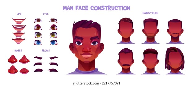 African american man face construction cartoon set isolated on white background. Vector illustration of different male character eyes, nose, mouth, hairstyle for avatar creation. Game design elements svg