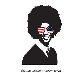 African American Man face profile POD silhouette with fashion curly afro hair style concept, vector isolated on the white background With Patriotic  Sunglasses