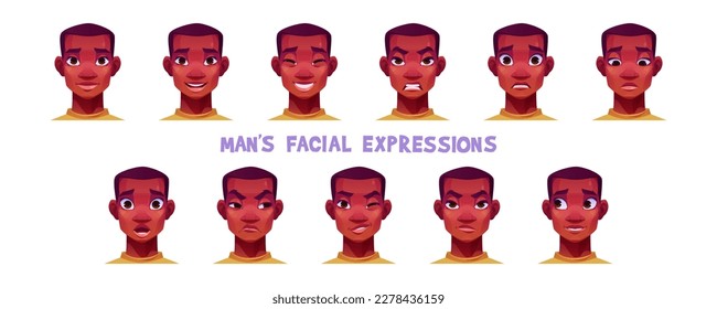 Las expresiones faciales del hombre afroamericano aisladas de fondo blanco. Dibujo vectorial de cara masculina feliz, sonriente, triste, sorprendida, asustada, enojada, molesta. Carácter de juego o diseño de avatar