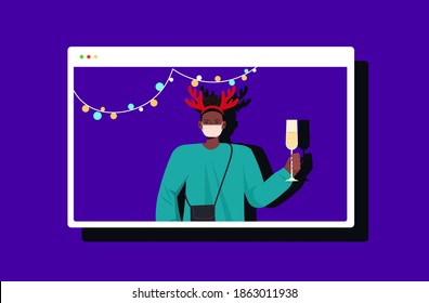 african american man in festive horns celebrating new year christmas holidays guy in web browser window having fun online communication concept horizontal portrait vector illustration