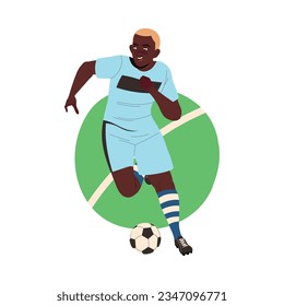 African American Man Football Player in Uniform Passing Ball Scoring Goal Vector Illustration