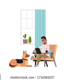 african american man freelancer using laptop working at home during coronavirus quarantine self-isolation freelance social distancing concept vertical full length vector illustration