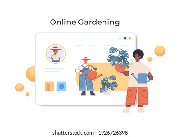 african american man gardener with watrering can pouring plants while watching virtual courses online gardening concept full length horizontal vector illustration