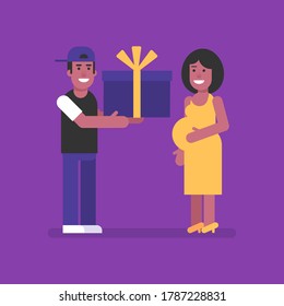 African American man gives his pregnant wife big gift. Flat people. Vector Illustration