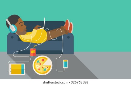 An African American man in glasses and headphones lying on a sofa with electronic devices and fast food vector flat design illustration. Horizontal layout with a text space.