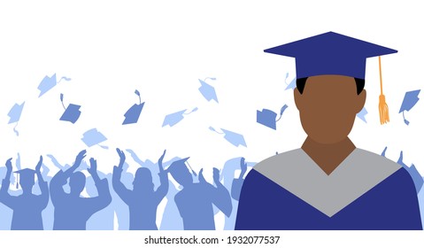 African American man graduate in mantle and academic square cap on background of cheerful crowd of graduates throwing their academic square caps. Graduation ceremony. Vector illustration