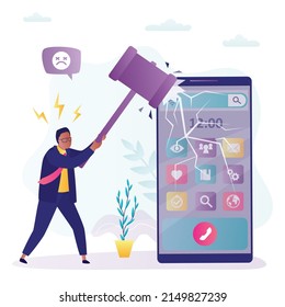African american man with hammer breaks mobile phone to get rid of addiction. Male character refusing internet. Digital detox. Unhappy user suffering from online addiction. Flat vector illustration