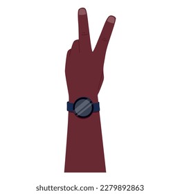 African American man hand making piss or victoria sign with fingers. Smart watch on your wrist. Vector isolated flat illustration.