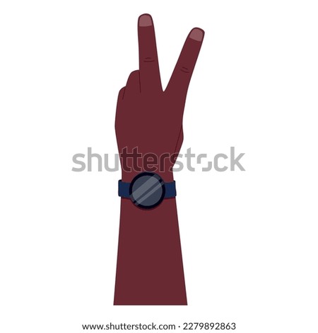 African American man hand making piss or victoria sign with fingers. Smart watch on your wrist. Vector isolated flat illustration.