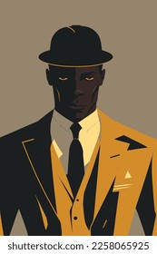 African american man in a hat and suit. Vector illustration. flat color cartoon style portrait poster