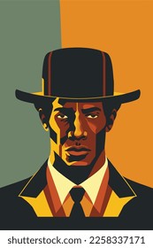 African american man in a hat and suit. Vector illustration. flat color cartoon style portrait poster