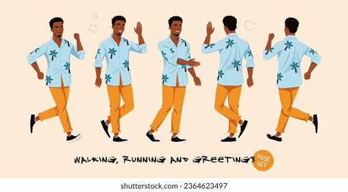 African american man, Hawaiian shirt walking, running, greeting set. Wide summer party pants, Aloha beach casual colorful wear. Tropical island tourist, travel blogger. Cartoon character illustration