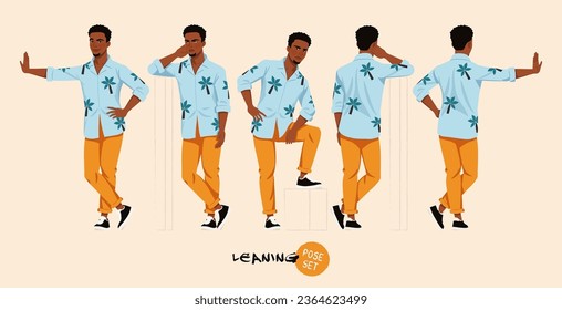 African american man in Hawaiian shirt leaning easy pose set. Wide summer party pants, Aloha beach casual colorful wear. Tropical island tourist and travel blogger. Cartoon character illustration