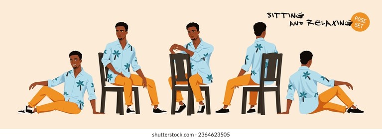 African american man in Hawaiian shirt sitting, relax pose set. Wide summer party pants, Aloha beach casual colorful wear. Tropical island tourist and travel blogger. Cartoon character illustration