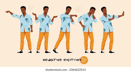 African american man in Hawaiian shirt negative emotion pose set. Wide summer party pants, Aloha beach casual colorful wear. Tropical island tourist and travel blogger. Cartoon character illustration