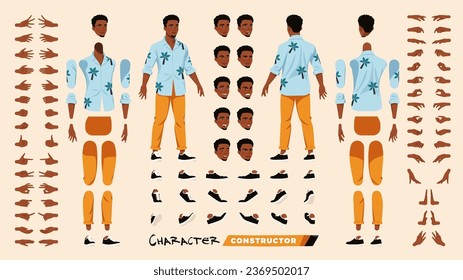 Hombre afroamericano, constructor de camisetas hawaianas DIY. El verano viaja blogger negro. Cabeza, pierna, gestos de mano, isla tropical masculina de diferentes emociones. Kit de construcción de dibujos animados para vectores