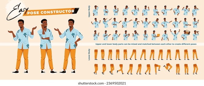 African american man, Hawaiian shirt handsome black boy character easy pose constructor. Tropical tourist travel blogger drag drop set, male body match figure building. Vector cartoon construction kit