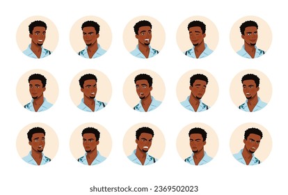 African american man in Hawaiian shirt avatar, black male portrait bundle. Dark skin boy head and shoulders. Different emotions, face icons character pic. Vector cartoon circle set on white background