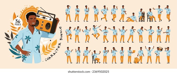 Hombre afroamericano, camisa hawaiana, bonito juego de personajes de chico negro, paquete de verano. La playa de Aloha se viste de forma informal. Equipo de actividades recreativas para turistas de islas tropicales, bloggers de viajes. Caricatura vectorial