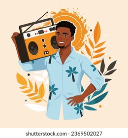 Afroamerikanischer Mann, Hawaiianisches Hemd, das einen Boomkasten auf der Schulter hält. Aloha Beach Party, tropische Insel Touristen, Reise Blogger. Musik, Cartoon-Unterhaltung, Sonne, botanischer Hintergrund