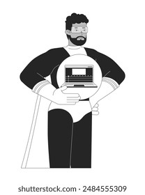 African american man hero with laptop black and white 2D line cartoon character. Black male offering computer service isolated vector outline person. Electronics monochromatic flat spot illustration