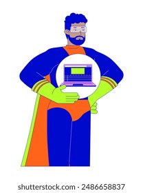 African american man hero with laptop 2D linear cartoon character. Black male offering computer service isolated line vector person white background. Electronics repair color flat spot illustration