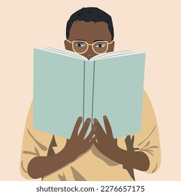 African american man hiding behind a book. Book lover concept. Vector illustration