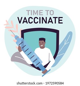 African American man hold syringe with dose of antiviral drug. Black male in front of shield with hypodermic. The idea of immunization. Vaccination of patients against coronavirus. Vector illustration