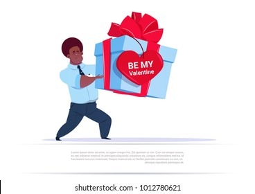 African American Man Holding Big Gift Box With Heart Shape Label Be Me Valentine Greeting Over Template Background Flat Vector Illustration