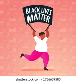 african american man holding black lives matter banner awareness campaign against racial discrimination of dark skin color support for equal rights of black people full length vector illustration