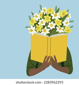African american man holding book with flowers. Book lover concept. Teacher's Day. Vector illustration