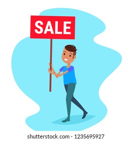 african american man holding sale board special offer discount promotion concept flat male cartoon character full length