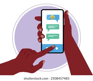 African American man holding a smartphone and sending text message. Phone in hands. Vector illustration