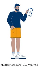Homem afro-americano segurando tablet com sinal Wi-Fi 2D personagem doodle. Usuário de IoT masculino preto usando wifi control desenho de vetor pessoa desenho animado isolado no branco. Ilustração desenhada à mão colorida