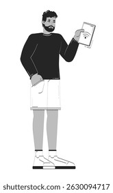African american man holding tablet with Wi-Fi signal doodle linear character. Black male IoT user using wifi control 2D vector outline person isolated. Hand drawn drawing illustration monochrome