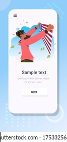 african american man holding usa flag black lives matter campaign against racial discrimination of dark skin color social problems of racism smartphone screen vertical portrait vector illustration