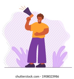 African American Man Holds Loudspeaker.  Black Man Protesting For Their Rights.Vector Flat Cartoon Style.Protesting People.Person With Megaphone.