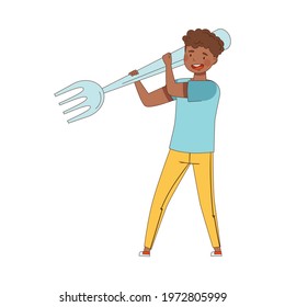 African American Man with Huge Fork Ready to Eat Meal Vector Illustration