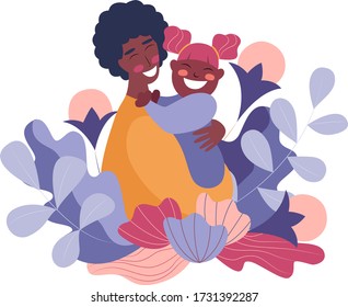 African american man hugs child with care and love, happy child smiling. Father's day. Happy father's day. Hand-drawn. Vector flat illustration in modern style.