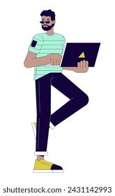 Hombre afroamericano con la computadora portátil 2D lineal personaje de dibujos animados. Estudiante negro que utiliza el fondo blanco aislado de la persona del vector de la línea del ordenador. Ilustración de punto plano de color de trabajo de desarrollador de software