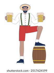 African american man leaning onto beer cask cartoon flat illustration. Oktoberfest holiday guest with alcohol drink 2D character isolated on white background. Feast scene vector color image