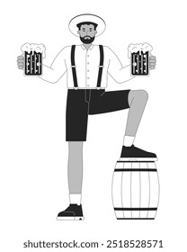 African american man leaning onto beer cask cartoon black and white line illustration. Oktoberfest holiday guest with alcohol drink 2D linear character isolated. Feast monochrome vector outline image