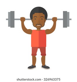 An African American man lifting a barbell vector flat design illustration isolated on white background. Sport concept. Square layout.