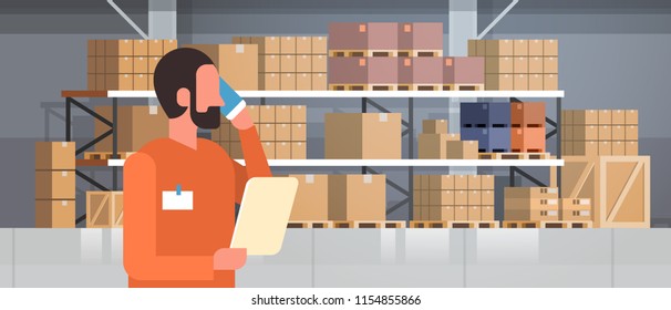 african american man loader phone calling pallet warehouse interior background rack box international delivery concept flat portrait horizontal vector illustration