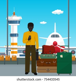 African American Man with Luggage Waiting for Boarding a Plane, View through the Window at the Runway with Plane and Control Tower, Travel Concept, Vector Illustration 
