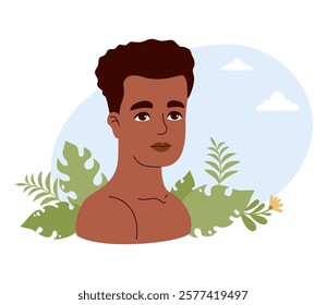African American man. Male ethnicity portrait with nature and leaves. Mental health and ecology card. Concept beneficial effects of environment. Vector illustration in flat style