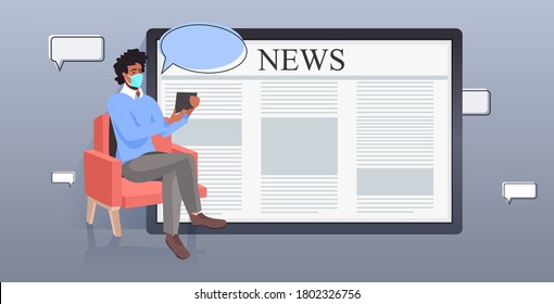 african american man in mask using tablet pc reading daily news online newspaper coronavirus pandemic self isolation concept horizontal full length vector illustration