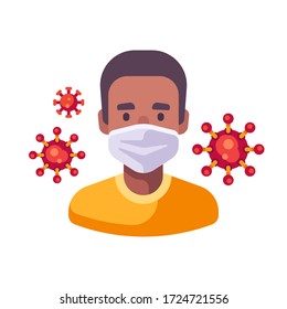 African American Man In Medical Surgical Mask. Virus Protection Flat Illustration. Red Coronavirus Floating In The Air