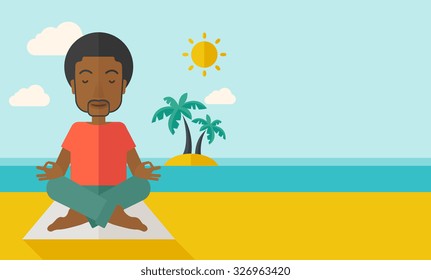 An African American man meditating in lotus pose on the beach vector flat design illustration. Horizontal layout with a text space.